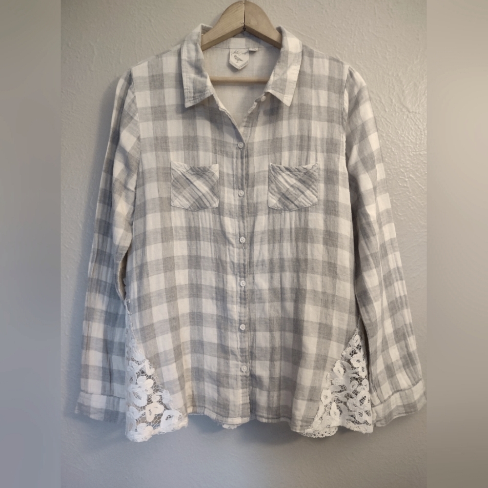 White Crow Long Sleeve Button Down with Crochet Embellished Hem
